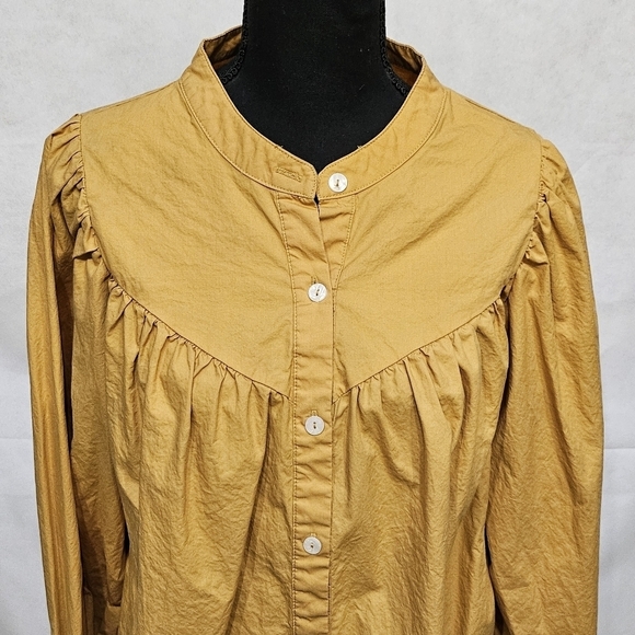 Oversized Gathered Yoke Line Mustard Button Up Blouse 100% Cotton Size Lg - Picture 2 of 7